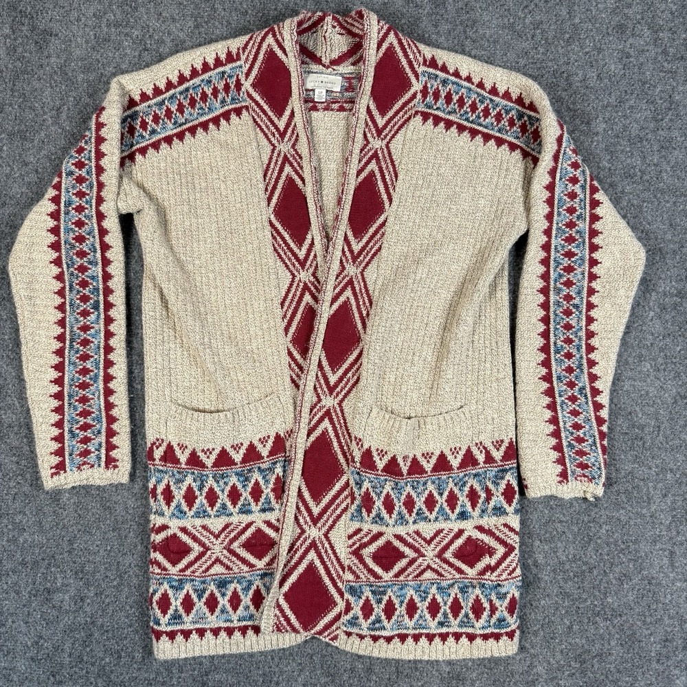 🧶 Lucky Brand Cardigan Sweater Womens Small S Southwestern Aztec Beige Red